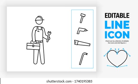 Editable line icon of a stick figure handyman with a construction toolbox in his hand and a wrench customisable with a hammer, drill, saw or crowbar in a black stroke design as a eps vector graphic