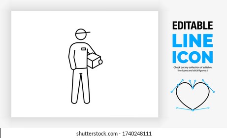Editierbares Zeilensymbol eines Strichmänners, der ein Paket in der Mail mit einer Uniform mit Hut und Namensschild in voller Körperansicht mit der Kiste in der Hand als Piepvektorgrafik trägt