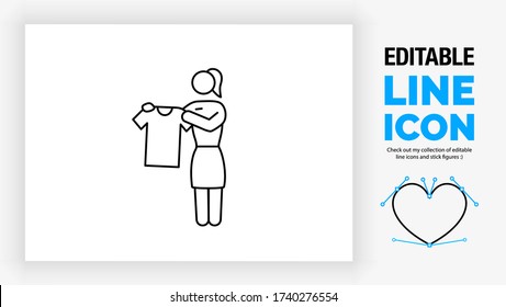 Editable line icon of a stick figure woman working in retail showing a customer a shirt in her hand to help pick out and promote sales in the clothing store standing in full body view with a skirt on