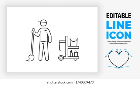 Editable line icon of a stick figure janitor standing with a mop in his hand wearing a uniform with a cleaner cart with a trashcan, bucket and cleaning supplies in a black stroke eps vector graphic