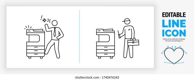 Editable line icon of a stick figure business person angry and cursing at the printer and a repairman fixing it with his toolbox and screwdriver for maintenance in a black stroke eps vector graphic