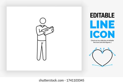 Editable line icon of a stick figure standing and opening a file map with information on paper in a black stroke as a eps vector graphic