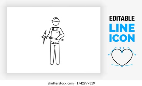 Editable line icon of a stick figure mine worker standing in full body view holding a pickaxe in his hands wearing a uniform and a construction helmet for safety in a black stroke eps vector graphic