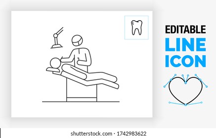 Editable Line Icon Of A Stick Figure Dentist Or Orthodontist With A Face Mask Working On The Dental Work Of A Patient Laying Down In His Office In A Chair With A Lamp In A Black Stroke As A Eps Vector