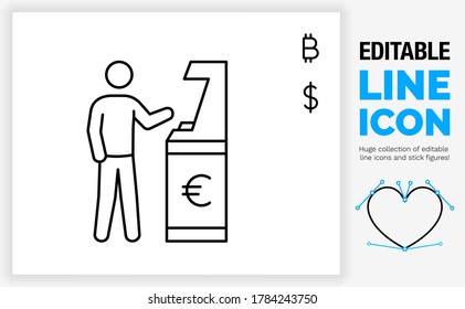 Editable line icon of a stick figure person standing in full body view with his hand at the ATM machine for cash money withdrawal in euro, dollar or bitcoin as a eps vector graphic design file