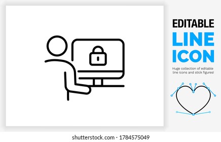 Editable Line Icon Of A Stick Figure Person Sitting Behind His Desk On A Personal Computer With A Security Padlock Symbol On Screen For Password Protected Data As A Eps Vector Graphic Design File