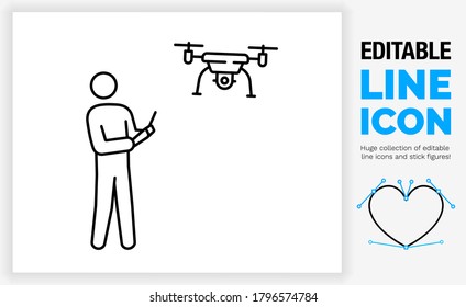 Editable line icon of a stick figure person standing with a remote control drone fly in the air with propellors and a hd camera mount underneath  and the pilot looking up in a rounded black eps stroke