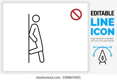 Editable line icon of a stick figure person in a black stroke weight hanging out standing with his leg, arm and back agains a wall being bored depicting a lazy teen having nothing to do during corona