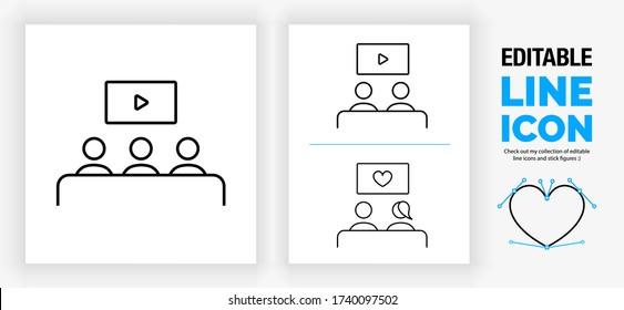 Editable line icon three   two stick figure people watching tv   chill sitting together at home in group   boy girl couple and romantic love show television as eps vector graphic