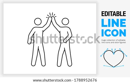 Editable line icon of two outline stick figure people giving each other a high five with their arm up in the air and the hand making a slap sound in full body view in a black stroke as a eps vector