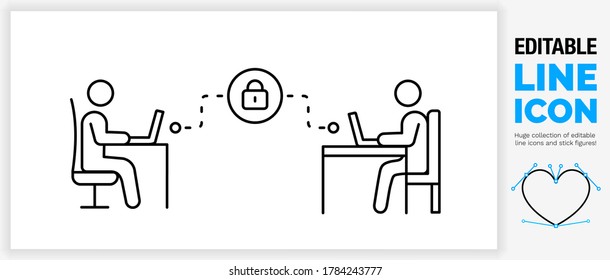 Editable Line Icon Of Two People On Location In A Office Or At Home Sitting Behind A Desk On Their Laptop Working Remote On A Secure Location By A Padlock Symbol As A Eps Vector Graphic Design File