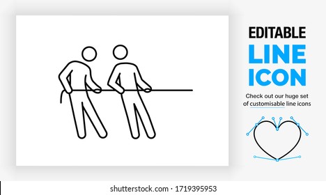 Editable line icon of two stick figure people teambuilding by pulling a rope together in full strength as a sport to win and achieve their goal in a competition in a black stroke as a eps vector file