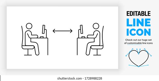 Editable Line Icon Of Two Stick Figure People Working At Their Work Desk With A Computer In A Office With Social Distance To Prevent Infection With The Corona Virus Or Covid 19 In A Outline Eps Vector