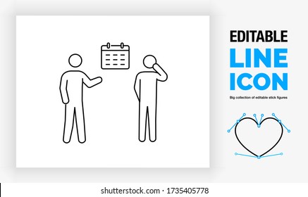 Editable line icon of two stick figure people standing next to a calendar to pick the perfect date for an event in full body view in a black stroke as a eps vector graphic