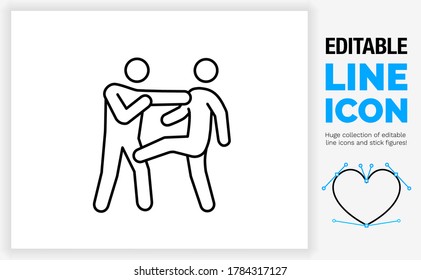 Editable line icon of two stick figure people fighting with the fist en feet hitting and kicking each other in a black outline stroke as a eps vector graphic design