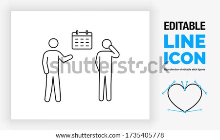 Editable line icon of two stick figure people standing next to a calendar to pick the perfect date for an event in full body view in a black stroke as a eps vector graphic