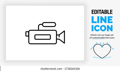 Editable line icon of a videocamera with a lens and a microphone on top of it used by news media for video recording in a modern black stroke on a clean white background as a eps vector symbol file