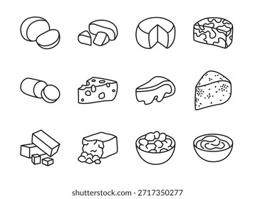 Iconos de línea editables de 12 tipos diferentes de queso.