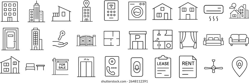 Editable Line Icons of Apartment Living and Property Rental. Featuring Home, Realtor, Contract, Lock, and Housing Elements.