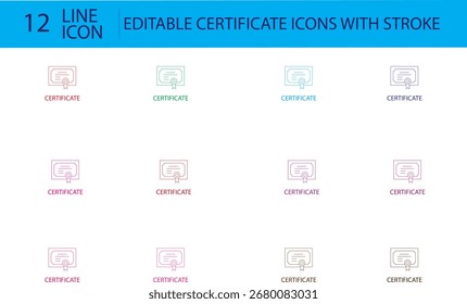 Iconos de línea editables de certificados con trazos, perfectos para diplomas, premios, educación, logros, documentos oficiales y proyectos académicos.