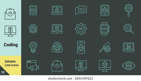 Editable Line Icons - Coding, Debugging, and Software Development Vector Icons