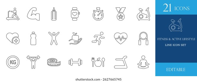 Ícones de linha editáveis para fitness e estilo de vida ativo. Inclui treino, ginásio, ioga, dieta, haltere, ciclismo, cardio e símbolos de vida saudável. Perfeito para aplicativos, Web ou impressão.