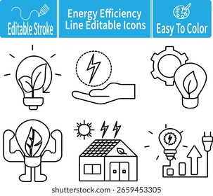 Editable line icons focused on energy efficiency and green technology, featuring solar panels, lightbulbs, leaves, plug, and eco-friendly innovation elements.