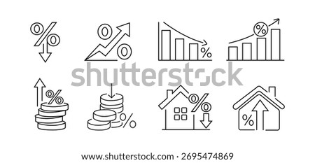 Editable line icons set of low and high interest rates. Finance, loan, Mortgage, and economic growth concept