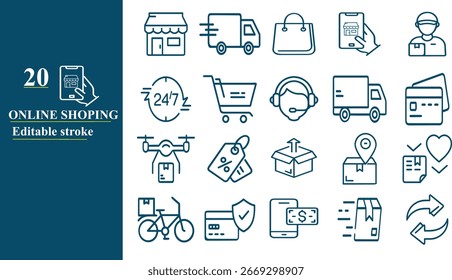 Editable Line Icons Set for Online Shopping, Online Shopping icon , Online Shopping icon set, e-commerce icon set