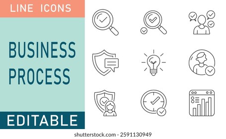 Editable line icons set representing business processes, perfect for digital design, web development, and UI projects. Enhance your creative designs.