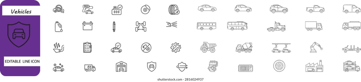 Editable line icons set showcasing diverse vehicles and services for app interfaces and website design projects