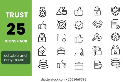 Editable Line Icons Set for Trust, Security, and Reliability Concepts