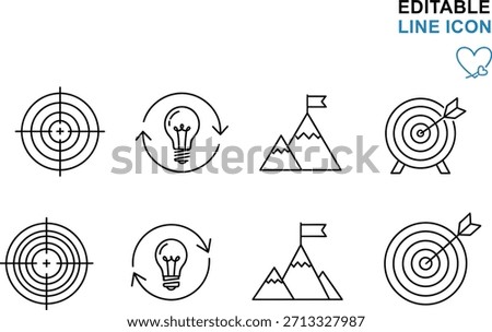Editable line icons. Targets, lightbulb with arrows, mountains with flag. Goals, ideas, achievements. Outline symbols for success