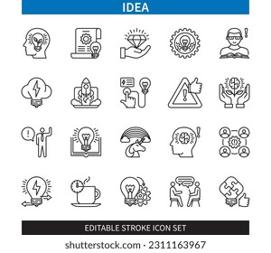 Línea modificable Juego de iconos de esquema de ideas. Brainstorm, Testing, Startup, Knowledge, Imagination, Coffee break, Insight, Implementation. EPS de iconos de trazo editable