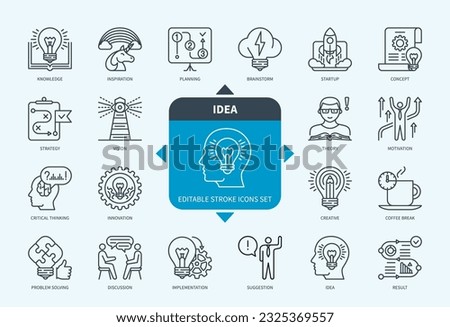 Editable line Idea outline icon set. Brainstorm, Testing, Startup, Knowledge, Imagination, Creative, Result, Implementation. Editable stroke icons EPS