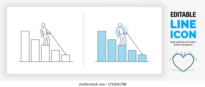 Editable line illustration of a negative downward bar graph with a stick figure person standing on the infographic preventing the chart from going down with a rope as a small business owner in crisis