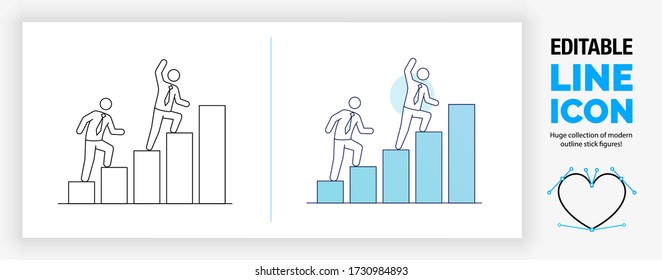 Editable line illustration of two business stick figure people climbing a bar graph as a infographic element standing for leadership and inspiration from the manager or boss as a eps vector graphic