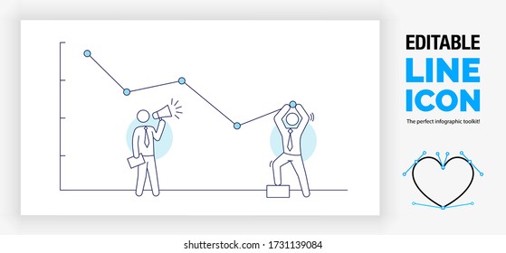 Ilustración de línea editable de dos personalidades de la marca de negocios en el marketing en línea mejorando los resultados de la campaña con publicidad en motores de búsqueda en línea dando un impulso al gráfico como vector de eps