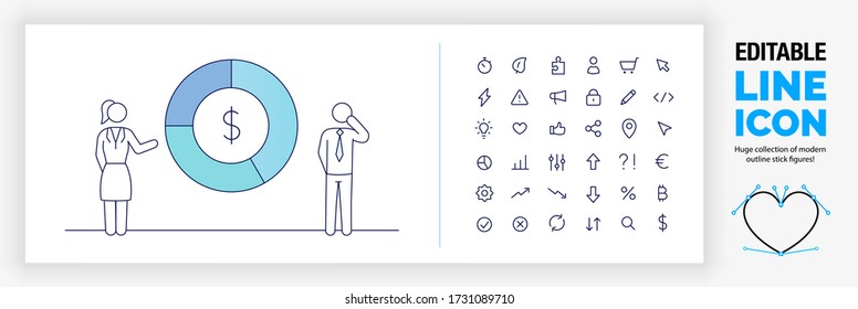 Ilustración de línea editable de dos figuras de palo de contorno paradas al lado de un gran gráfico circular azul y verde que ofrece una presentación sobre el elemento infográfico y el conjunto de iconos como un gráfico vector eps