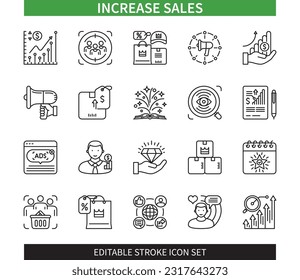 Línea modificable Aumentar conjunto de iconos de esquema de ventas. Ganancia, Crecimiento, Marketing, Tendencias, Ventas, Estrategia, Medios Sociales, Eventos. EPS de iconos de trazo editable