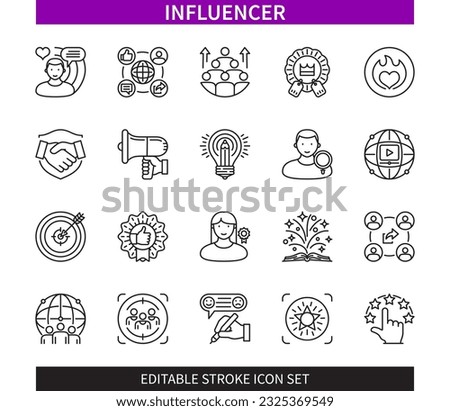 Editable line Influencer outline icon set. Followers, Marketing, Ambassador, Feedback, Rating, Trust, Creativity, Expert. Editable stroke icons EPS