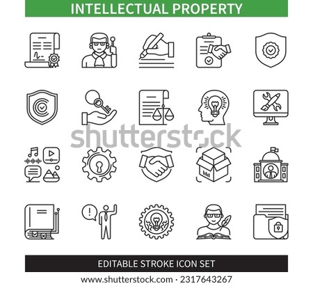 Editable line Intellectual property outline icon set. Idea, Law, Innovation, Content, Author, Copyright, Property, Guarantee. Editable stroke icons EPS