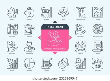 Línea modificable Juego de iconos de esquema de inversión. Angel Investor, Stocks, Asignación de Activos, Ingresos, Dividendos, Rentabilidad, Cartera. EPS de iconos de trazo editable