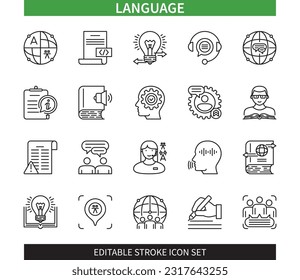 Editable line Language outline icon set. Dictionary, Communication, Knowledge, Vocabulary, Translate, Speech, Writing, Grammar. Editable stroke icons EPS svg