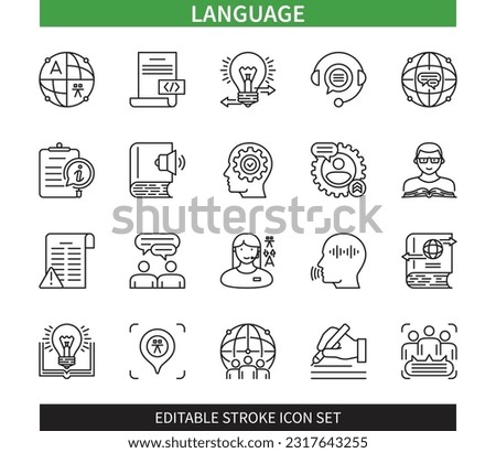 Editable line Language outline icon set. Dictionary, Communication, Knowledge, Vocabulary, Translate, Speech, Writing, Grammar. Editable stroke icons EPS