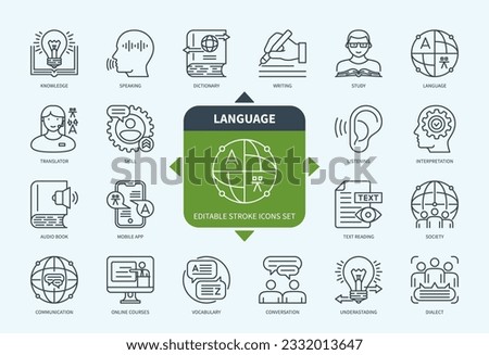 Editable line Language outline icon set. Dictionary, Communication, Knowledge, Vocabulary, Translate, Text Reading, Writing, Vocabulary. Editable stroke icons EPS