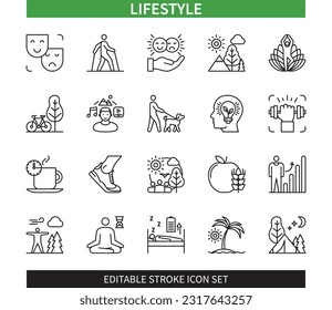 Editable line Lifestyle outline icon set. Running, Relax, Hobby, Sport, Diet, Good Sleep, Fresh Air, Personal Development. Editable stroke icons EPS