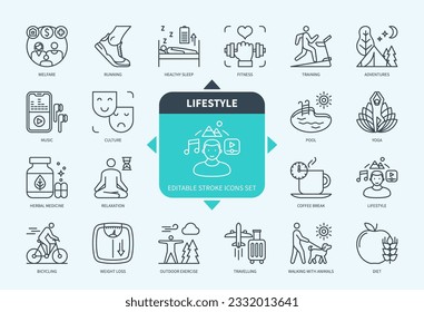 Conjunto de iconos de esquema de estilo de vida de línea modificable. Correr, Cultura, Yoga, Medicina Herbal, Piscina, Sueño Saludable, Viajar, Relajación. EPS de iconos de trazo editable