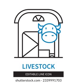 Editable line Livestock outline icon. A cow comes out of the barn. Editable stroke icon isolated on white background