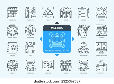 Editable line Meeting outline icon set. Presentation, Debate, Date, Online Conference, Contacts, Training, Scheduling. Editable stroke icons EPS